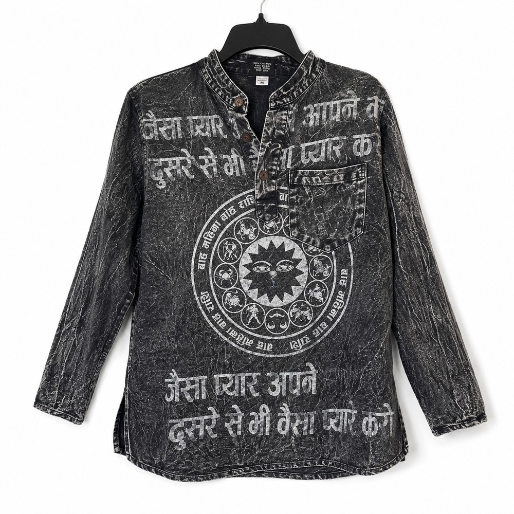 Shop Therapy Nepal Cotton Boho Hippie Kurta Tunic Shirt Gray Acid Wash Medium